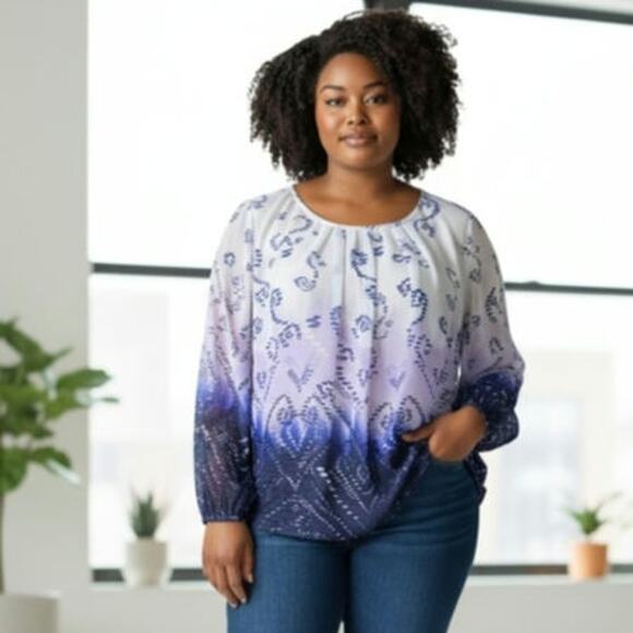 AGB XL Sheer Blue Purple White Blouse - Picture 1 of 6